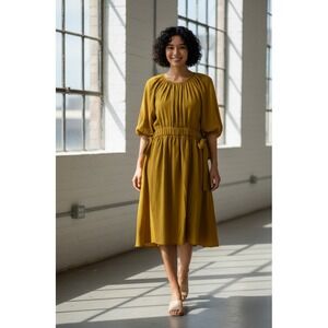 Zara Babydoll Mini Dress Women Large Yellow Balloon Sleeve Back Keyhole Side Bow